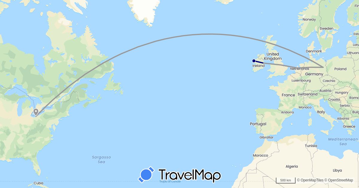 TravelMap itinerary: driving, plane in Germany, Ireland, Netherlands, United States (Europe, North America)